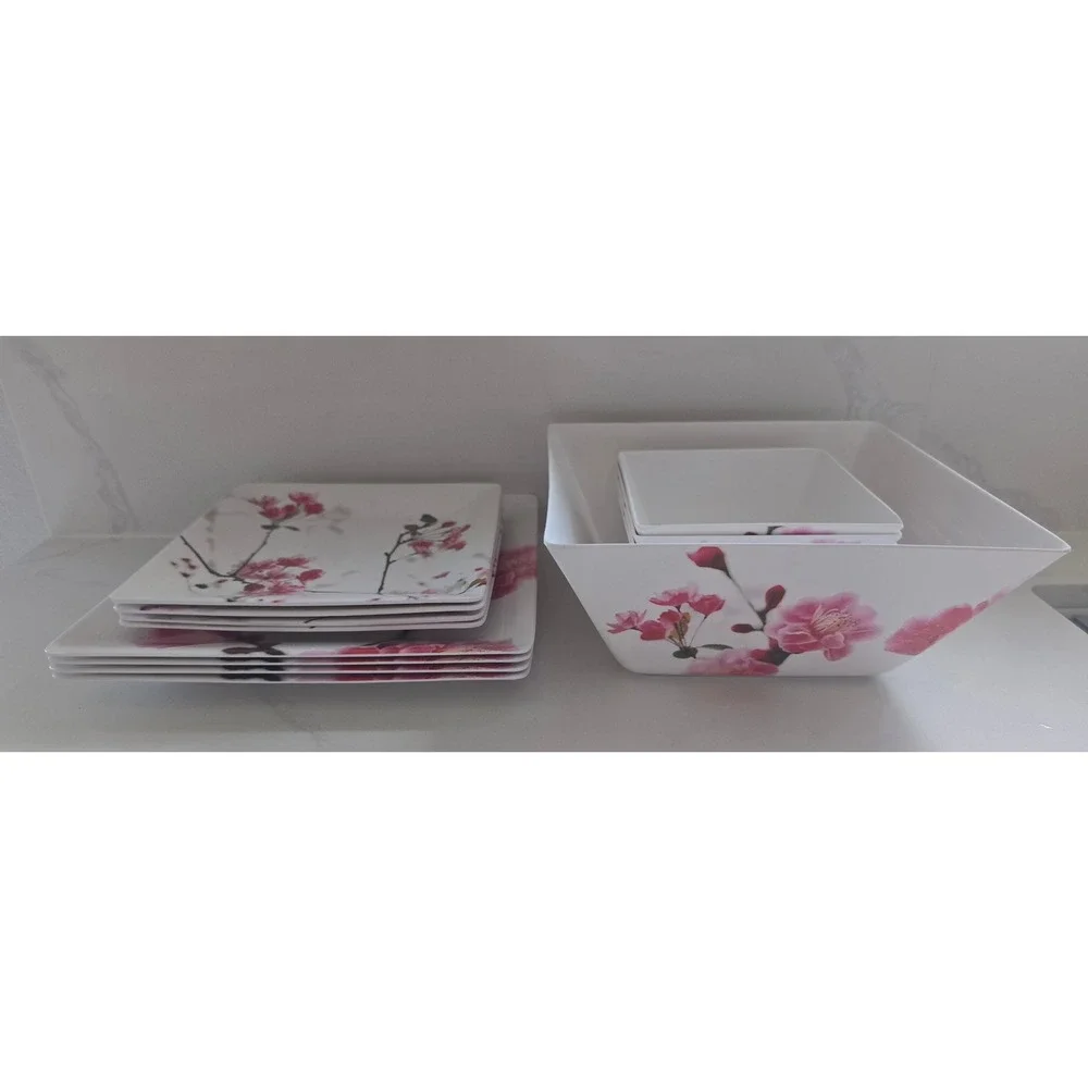 13pc Melamine Dinnerware Set Pink Cherry Blossom Square Plates Serving Bowls